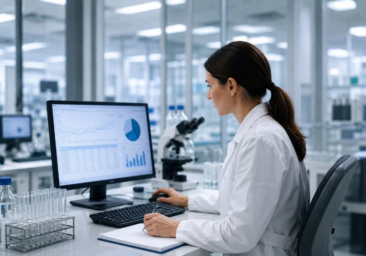Researcher in a laboratory reviewing clinical trial data